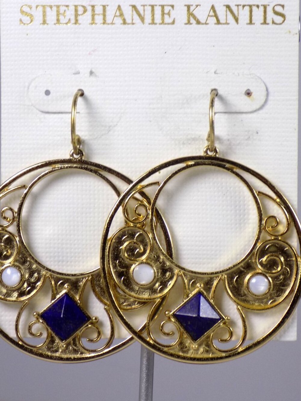 Stephanie Kantis Drop Earrings Lapis Lazuli Gold-Plated 2" Long Antiquity Round
